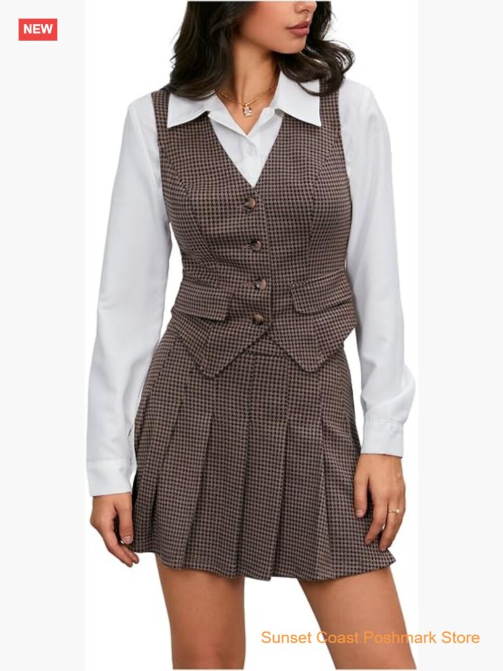 Plaid 2 Piece Skirt Set Blazer Vest Top Pleated Mini Skirt Suit